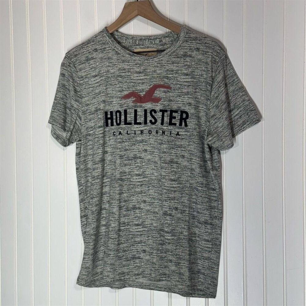 Hollister California Logo Tee Gray Heathered Seagull Graphic T-Shirt Mens M Y2K